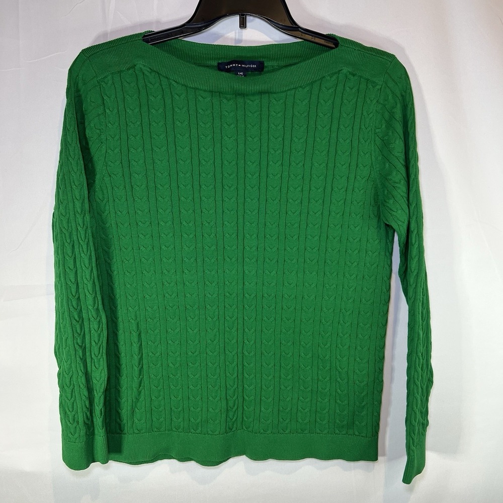 Tommy Hilfiger Sweater Womens Large Green Cable Knit 100%‎ Cotton MSRP $79